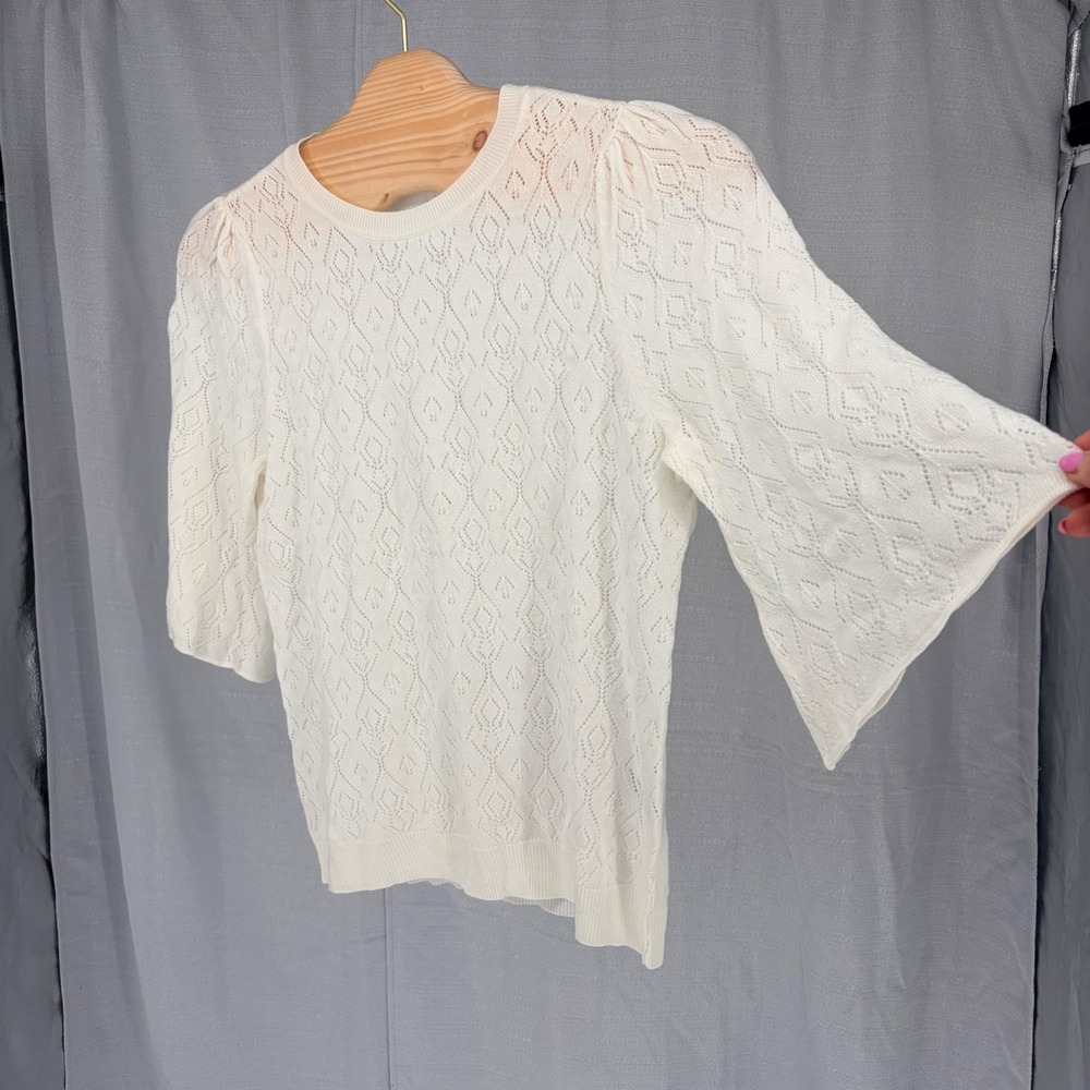 H&M Pointelle Knit Sweater 12 Ivory White Puff Bell Sleeve Diamond Crochet Top